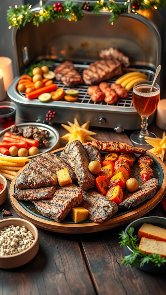 A festive Christmas barbecue with grilled meats and vegetables on a wooden table decorated with holiday lights.